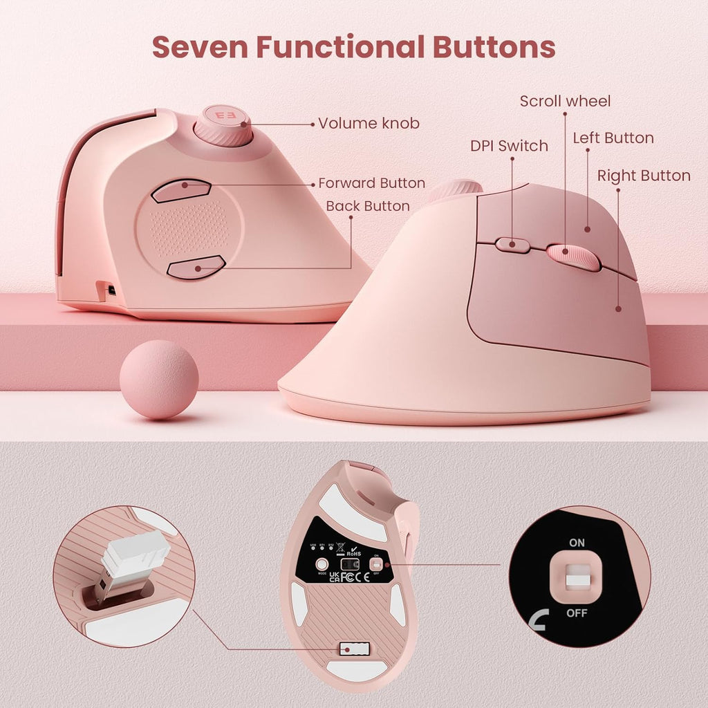 seenda Ergonomic Mouse Rechargeable, USB+Dual Bluetooth, MOU-302 Vertical Wireless Mouse with Volume Knob, Quiet Clicks, Multi-Device Cordless Mice Compatible for Windows, PC, Laptop, Mac OS, Pink