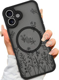 AIGOMARA Magnetic Case for iPhone 16 Plus [Compatible with MagSafe] Cute Black Flower Floral for Women Girls Soft TPU Bumper Hard PC Back Anti-Fall Shockproof Protective Slim Cover