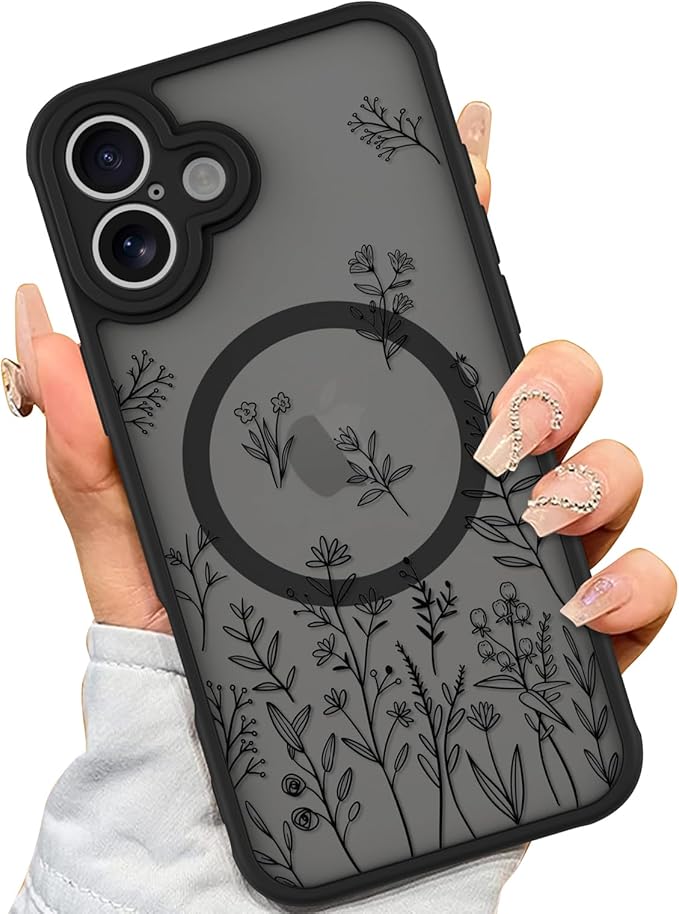 AIGOMARA Magnetic Case for iPhone 16 Plus [Compatible with MagSafe] Cute Black Flower Floral for Women Girls Soft TPU Bumper Hard PC Back Anti-Fall Shockproof Protective Slim Cover