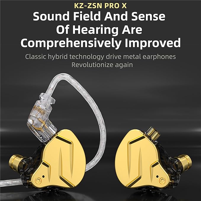KZ ZSN PRO X in Ear Monitor Headphones Gaming Earbuds, High Fidelity Wired Earbuds, Hybrid Dual Driver IEMS Earphones with 1BA 1DD Detachable Tangle-Free Cable for Computer Tablet (Gold, with Mic)