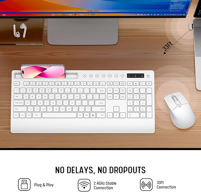 White Wireless Keyboard and Mouse Combo - Full-Size Quiet Keyboards with Palm Rest, Phone Holder, Multimedia Keys, Batteries Included, Office Key Board Compatible with Windows, PC, Laptop - Trueque