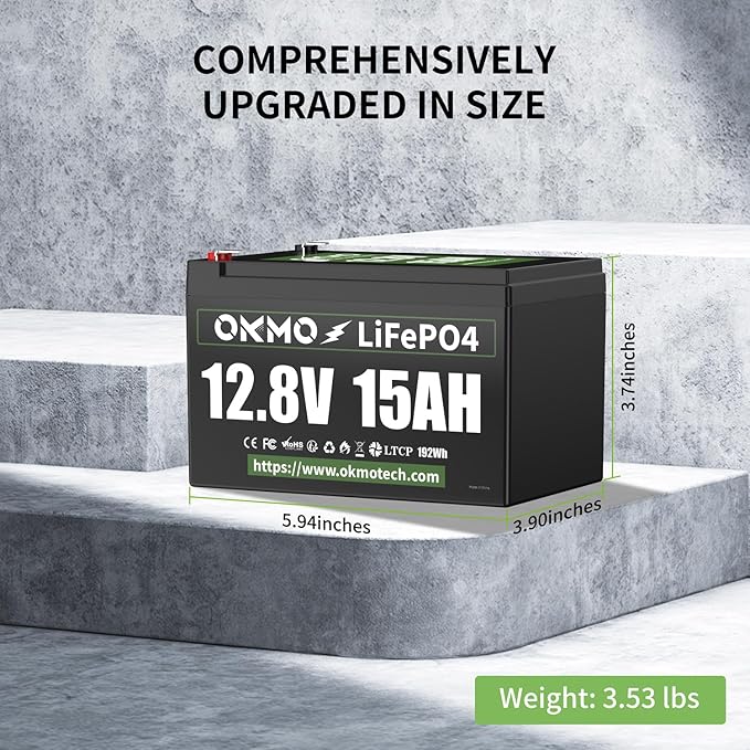 12V 15Ah Lithium Battery, Rechargeable LiFePO4 4000+ Cycles Rechargeable Battery Built-in 12A BMS for Scooter, Power Wheels, Fish Finder, UPS, Lighting and More