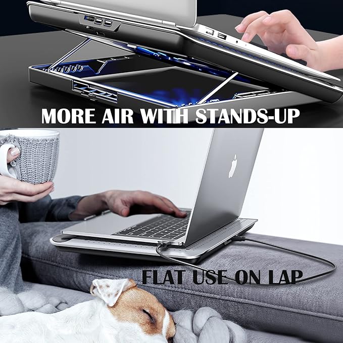 16inch Single Fan Lap Chill Mat - Aluminum Panel Laptop Cooling Pad, Heat Protection Laptop Cooler, Adjustable Foldable Long Stand, Fans Switch with dimmable-Speed, USB-A Connection Laptop Fan