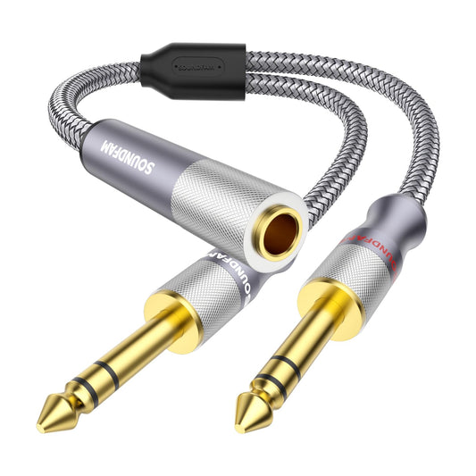 1/4" Splitter Cable 2 Feet/60CM,Microphone Splitter 1 Female to 2 Male TRS 1/4 inch Splitter 6.35mm Stereo Female Plug to Dual 6.35mm Male-Grey