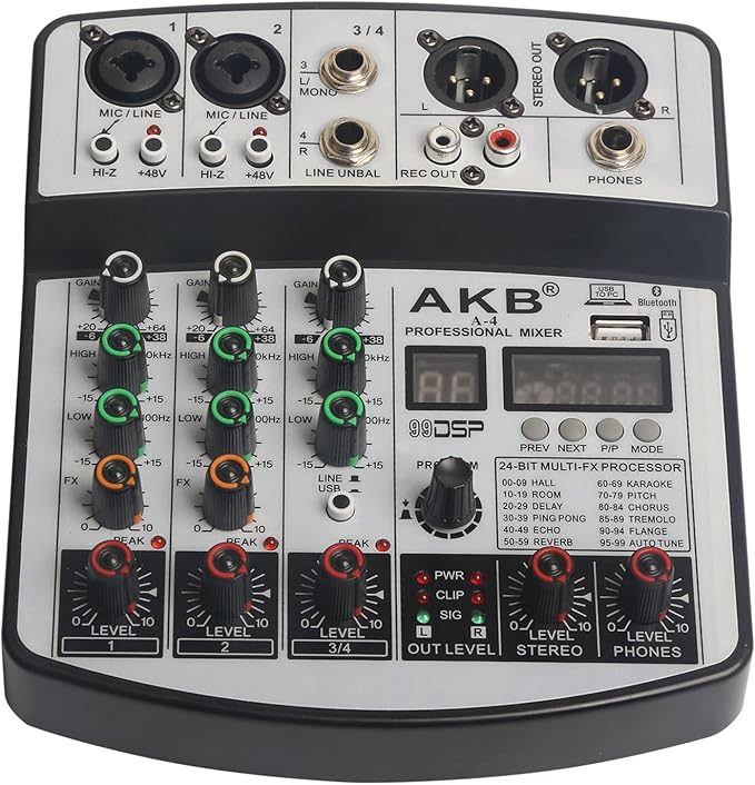 Dj Mixers 4 Channel Audio Mixer Sound Board with Bluetooth, Usb Audio Interface with 48V Phantom Power Sounds Mixer Board with 99 DSP FX Reverb Delay Effect