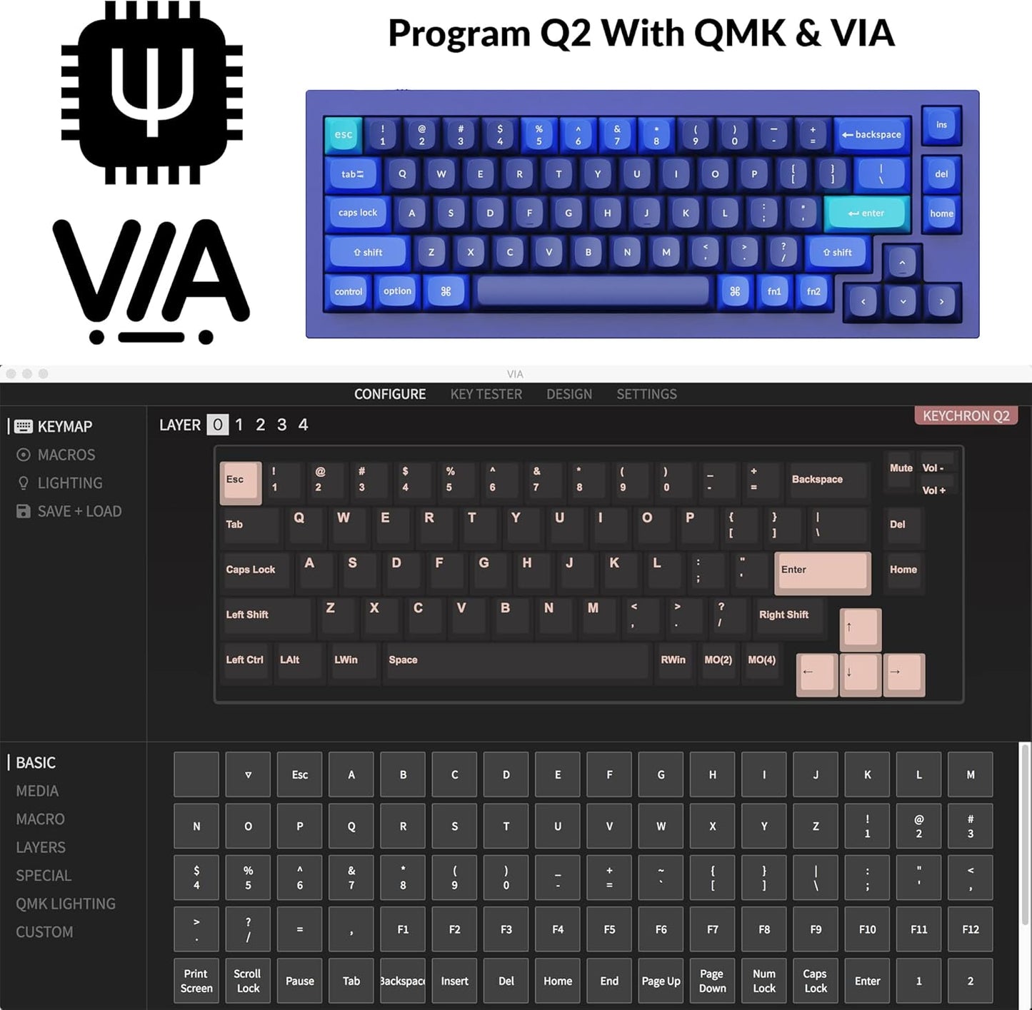 Keychron Q2 Wired Custom Mechanical Keyboard, QMK/VIA Programmable Macro, Full Aluminum, Hot-Swappable Gateron G Pro Red Switch, 65% Layout Double Gasket Compatible with Mac and Windows - Blue
