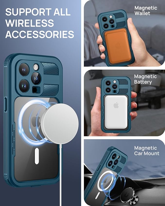 Lanhiem Magnetic for iPhone 15 Pro Max Case, IP68 Waterproof Dustproof Case, [Compatible with Magsafe] [Built-in Screen Protector] Full Body Heavy Duty Rugged Phone Cover 6.7 inch, Blue/Clear