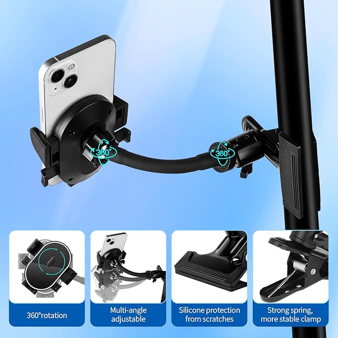 ROCKFREE Clip Phone Holder with 360° Gooseneck Arm & Auto-Locking Clamp,Short/Medium/Long Arm Options for Desk, Mic Stand, Table,Treadmill – Fits 4-7" Smartphones(Short-3.9 inch Arm)