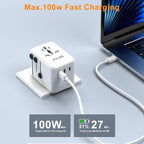 PD100W GaN Universal Travel Adapter, International Power Adapter in One, 3 USB C & 1 USB A & AC Outlet, Travel Adapter Worldwide Plug Adapter with USA EU UK AUS Plugs for Laptops,Tablets,Phones