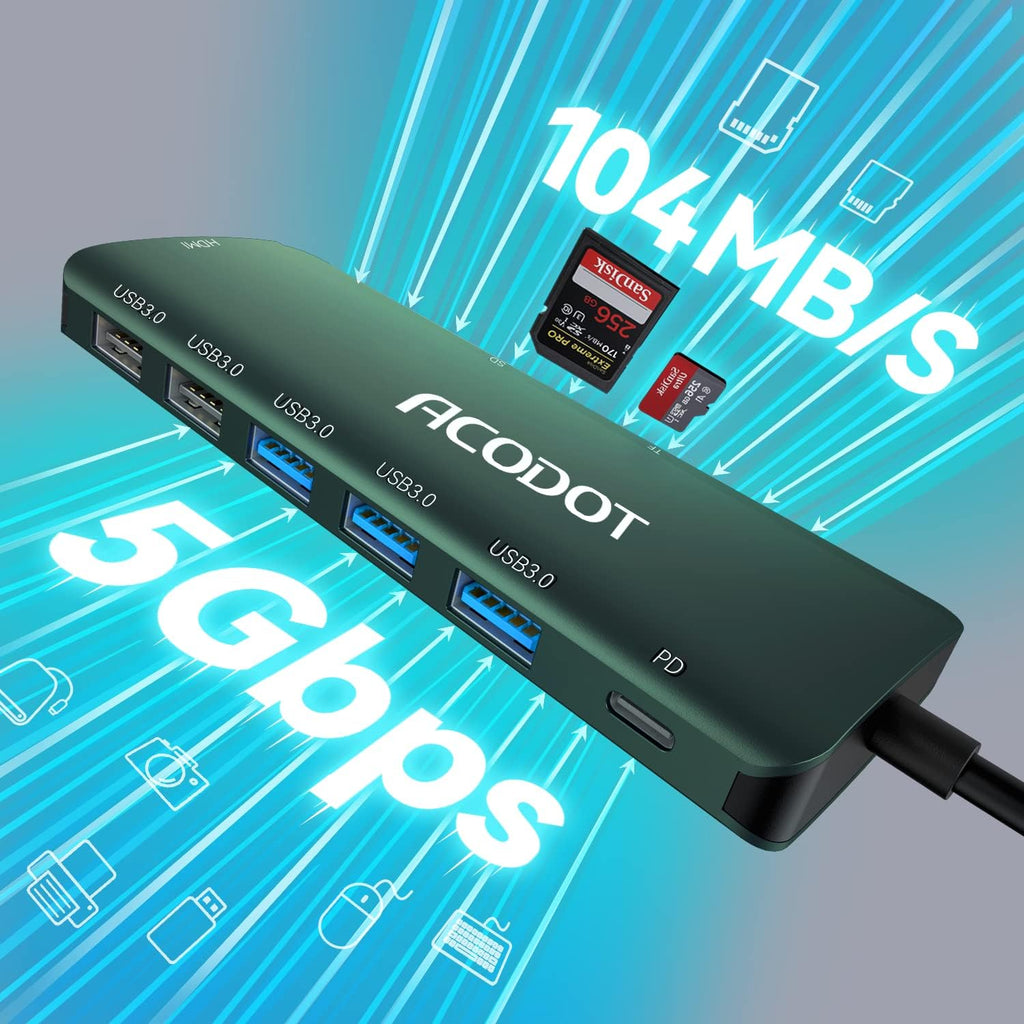 Acodot 9 in 1 USB C Hub - 4K@60Hz HDMI Adapter, 3 USB 3.0 Ports, SD/TF Card Reader, 100W PD, Multiport Adapter for MacBook Pro, Air, HP, XPS, Green
