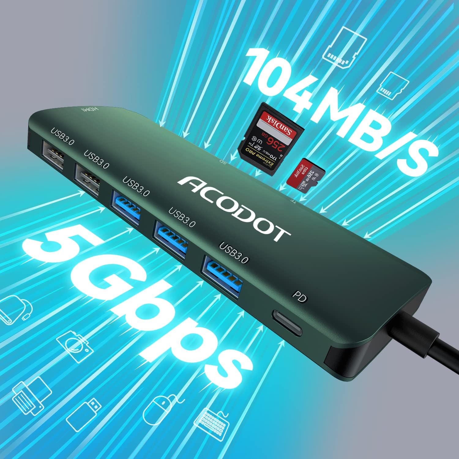 Acodot 9 in 1 USB C Hub - 4K@60Hz HDMI Adapter, 3 USB 3.0 Ports, SD/TF Card Reader, 100W PD, Multiport Adapter for MacBook Pro, Air, HP, XPS, Green