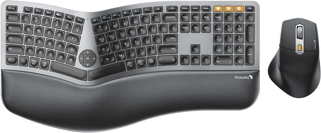 ProtoArc Ergonomic Keyboard Mouse, EKM01 Plus Full Size Wireless Bluetooth Ergo Keyboard Mouse Combo, Cushioned Palm Rest, Split Design, Rechargeable, Compatible for Windows, Mac OS - Gray and Black
