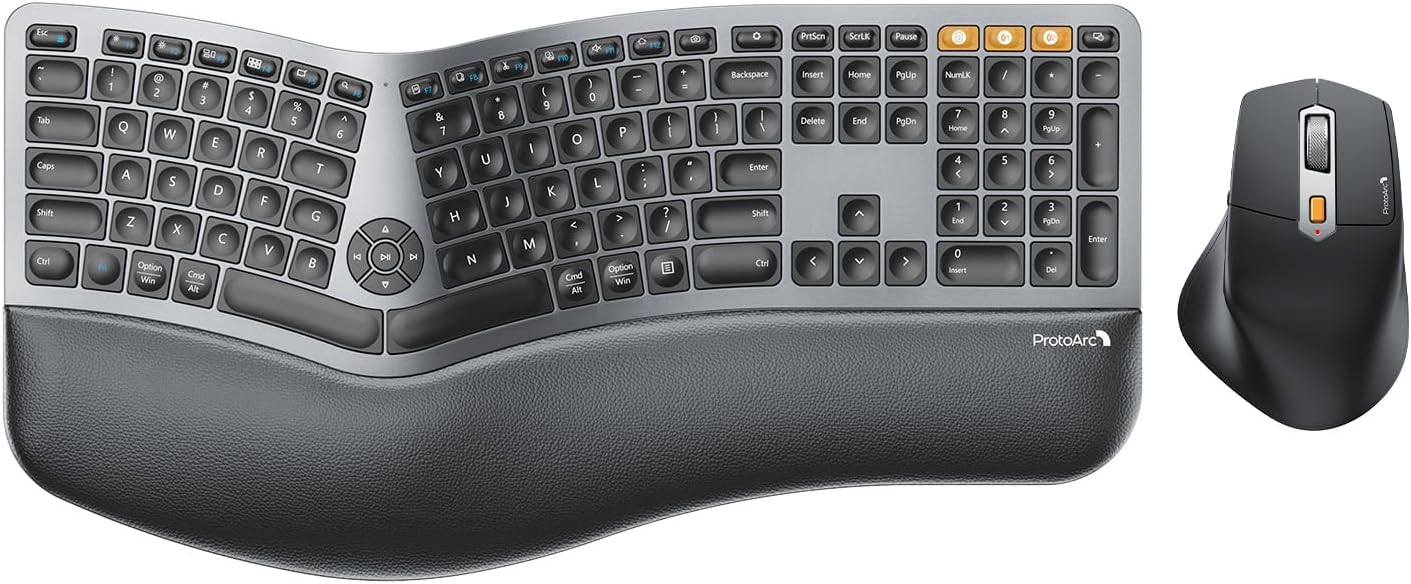 ProtoArc Ergonomic Keyboard Mouse, EKM01 Plus Full Size Wireless Bluetooth Ergo Keyboard Mouse Combo, Cushioned Palm Rest, Split Design, Rechargeable, Compatible for Windows, Mac OS - Gray and Black