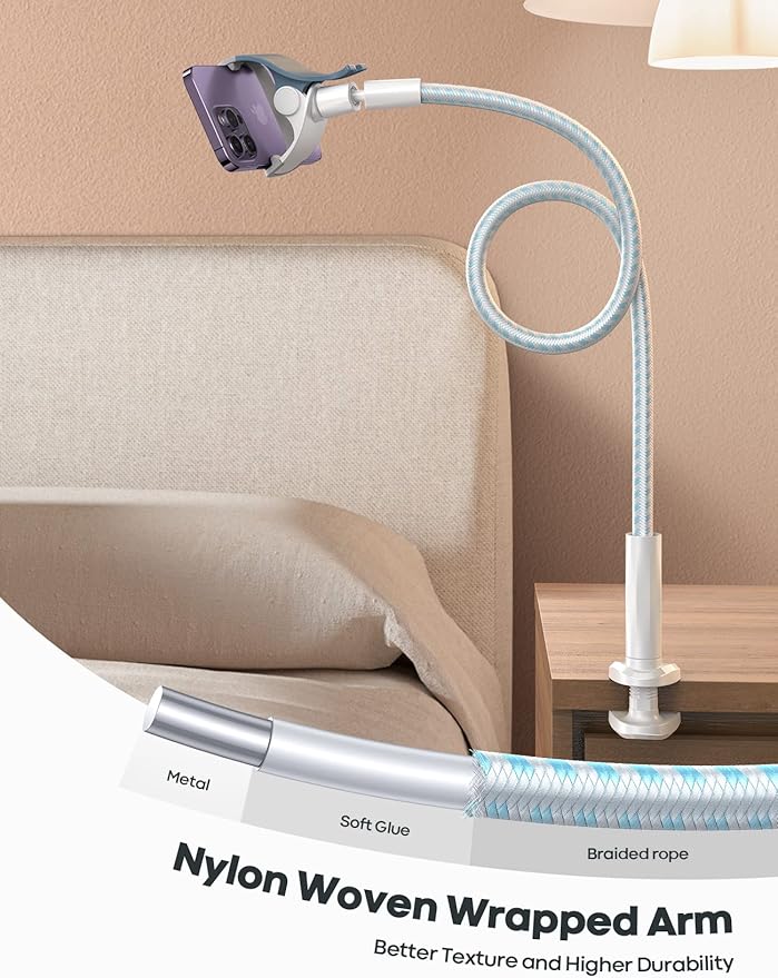 Lamicall Gooseneck Phone Holder Bed - [Nylon Braided] Flexible Arm, Overall Length 38inch, 360 Adjustable Clamp Clip, Overhead Cell Phone Mount Stand for Bed, Blue White
