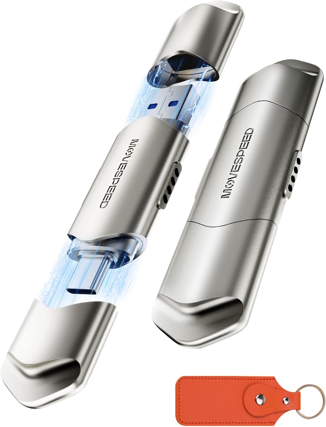 MOVE SPEED USB Drive 512GB External SSD 1000MB/s USB 3.2 Gen2+USB C Dual Ports Portable Zinc Alloy Thumb Drive Stick, External Drive with Metal Casing for iPhone 15/16/17 Series/Mac/Android Phone