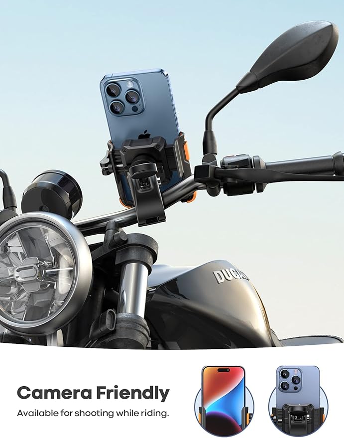 Lamicall Motorcycle Phone Mount Holder - [Camera Friendly] [1s Lock] Bike Phone Holder Handlebar Clamp, Bicycle Scooter Phone Clip, for iPhone 16 Pro Max, 15 14 13, Galaxy, 4.7-7" Phones, Orange