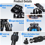 SIRUI AM203 Mini Travel Tripod with 360° B00K Ball Head, Lightweight Aluminum Tripod for Travel and Tabletop Use, Max Load 20lbs/10KG, Folded Height 11.4”, Max Height 16.7”