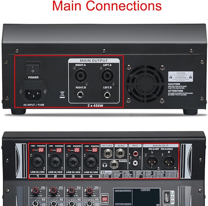Audio Mixer 4 Channel, DJ Mixer with Power Amplifier, Audio Sound Card with 48V Phantom Power, Usb Audio Interface, Sounds Mixer Board with 99 DSP FX Reverb Delay Effect for Streaming