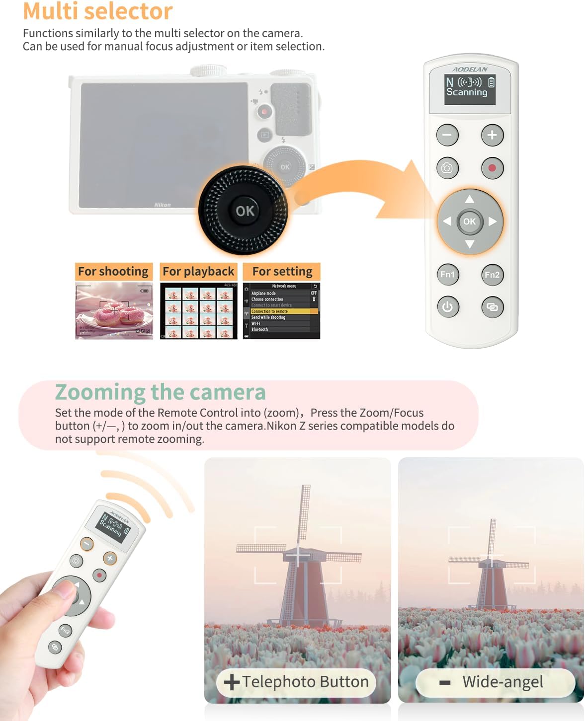 for Nikon Wireless Camera Remote Control - Aodelan Rechargeable Shutter Release Trigger with OLED Screen for Zfc, Z50, P1000,A1000, P950, B600; Replaces Nikon ML-L7(White)