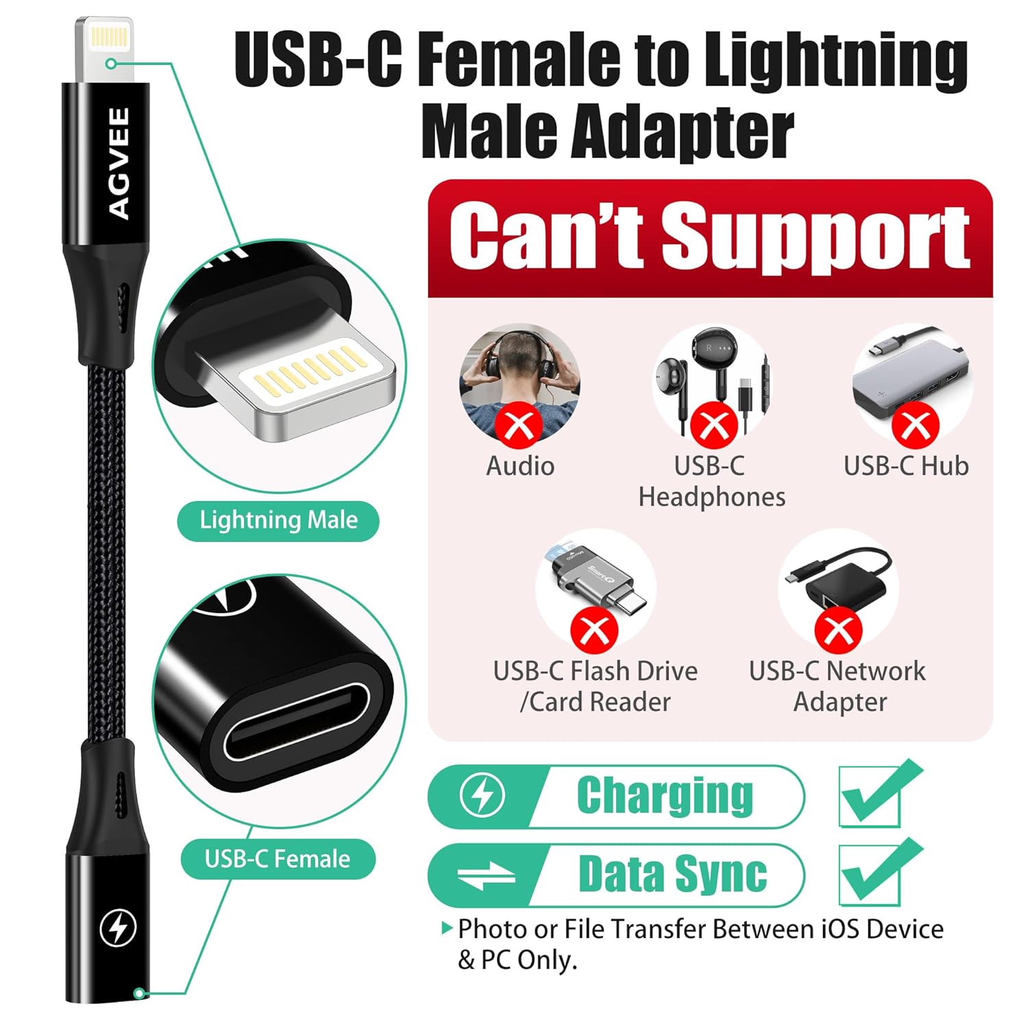 AGVEE 4 inch USB-C Female to Lightning Male Adapter, 30W Fast Charging Charger Converter for iPhone 14 13 12 11 Airpods iOS Device Carplay, Not for Audio, Black