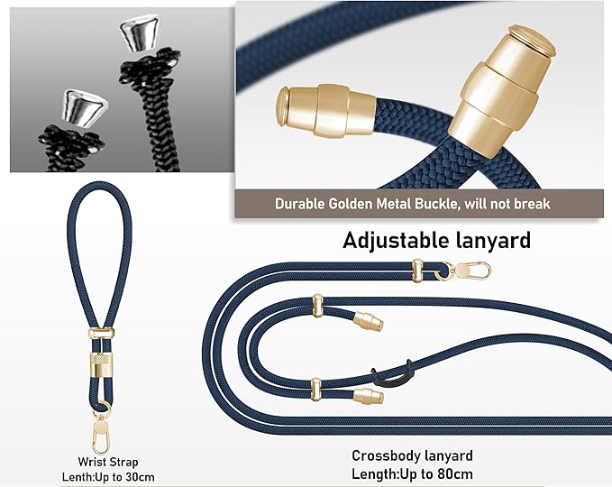 Cell Phone Lanyard Adjustable Crossbody Phone Lanyard *1 Phone Wrist Strap *1 with Deluxe Gold Matal Buckle + Clear Tether Tabs *2 for Shopping Travelling Hiking(Dark Blue)