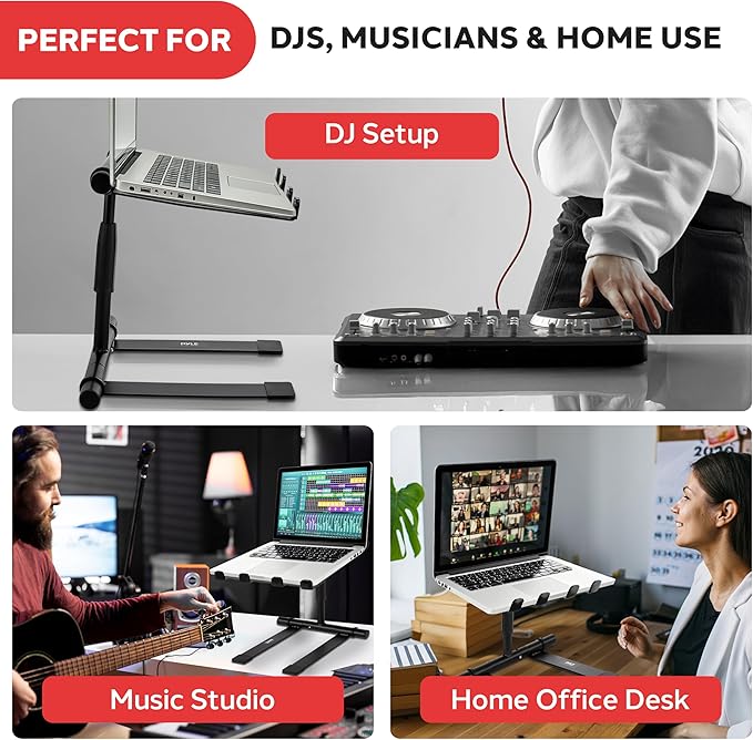 Pyle Portable Folding Laptop Stand - Standing Table with Adjustable Angle, Foldable Height and Four Prong Anti-Slip Tray for iPad, Tablet, DJ Mixer, Workstation, Gaming and Home Use - PLPTS55