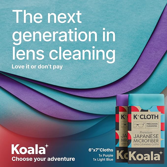 Koala Lens Cleaning Cloth | Japanese Microfiber | Glasses Cleaning Cloths | Eyeglass Lens Cleaner | Eyeglasses, Camera, VR/AR Headset, and Screen Cleaner | Blue & Purple (Pack of 2)
