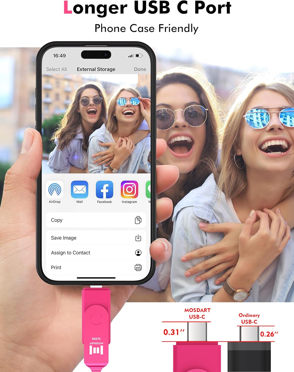 MOSDART 512GB USB3.1 Fast Speed C and A Dual Flash Drive, exFAT Memory Stick with Keychain and LED Indicator, for iPhone 15 and 16, Android Phone, iPad, MacBook, and Other Laptops, Hot Pink