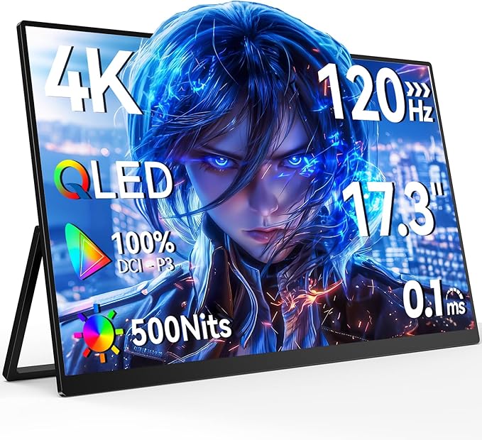 Newsoul Portable Monitor 4K, 120Hz Gaming Monitors 3840 * 2160 UHD, 100% DCI-P3, 1500:1 Contrast, FreeSync 0.1ms, Built-in Stand & Speaker, USB-C HDMI Portable Screen for Laptop, Phone, Game Console