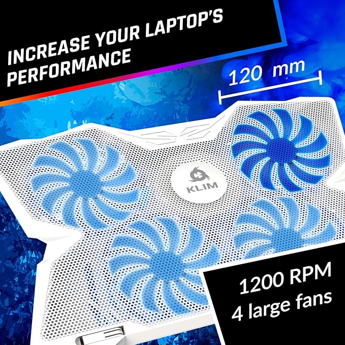 KLIM Wind Laptop Cooling Pad - More Than 500 000 Units Sold - New - The Most Powerful Rapid Action Cooling Fan - Laptop Stand with 4 Cooling Fans at 1200 RPM - USB Fan - PS5 PS4 - Full White