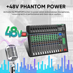 12 Channel Audio Mixer, Professional DJ Mixer Board Sound Music Mixing Console Digital Mixer with Reverb, Bluetooth, USB Port, 48V Phantom Power for Recording Karaoke Podcasting
