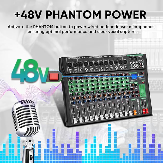 12 Channel Audio Mixer, Professional DJ Mixer Board Sound Music Mixing Console Digital Mixer with Reverb, Bluetooth, USB Port, 48V Phantom Power for Recording Karaoke Podcasting