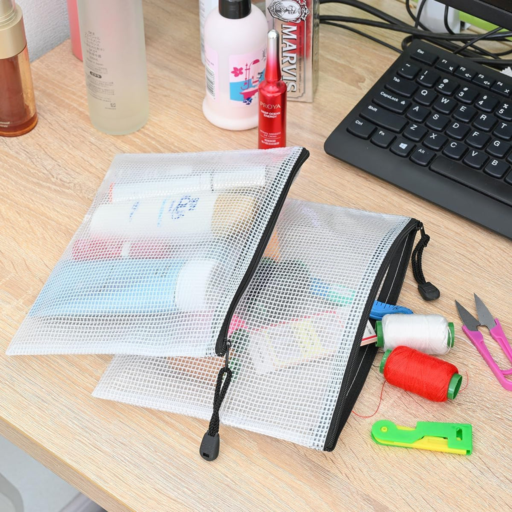 AUSTARK 10 Pcs Zipper File Bags, Waterproof Plastic Mesh Pouch for Office School, Board Game Storage Bags (A5 Size 9.2''x6.7'', White and Black)