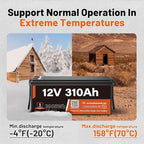 12V 310Ah LiFePO4 Lithium Battery – Max. 3968Wh Solar/RV/Off-Grid Power,15000+ Deep Cycles, 100A BMS,Low-Temp Protection,A+ Grade Cells for Marine, Trolling Motor, Home Energy Storage (1 Pack)