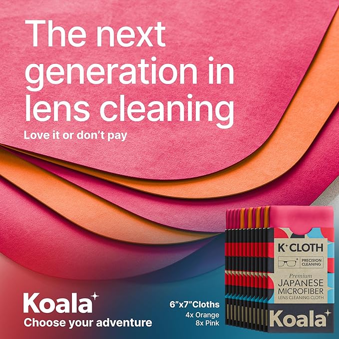 Koala Lens Cleaning Cloth | Japanese Microfiber | Glasses Cleaning Cloths | Eyeglass Lens Cleaner | Eyeglasses, Camera, VR/AR Headset, and Screen Cleaner | Pink & Orange (Pack of 12)