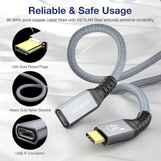 1.64FT USB 4 Extension Cable for Thunderbolt 4, 240W Male to Female Super Fast Charging, 40Gbps USB 4 High Speed Data Transfer, 8K@60Hz Type C Video Extender Cable for USBC Hub/iPhone16/MacBook/iPad