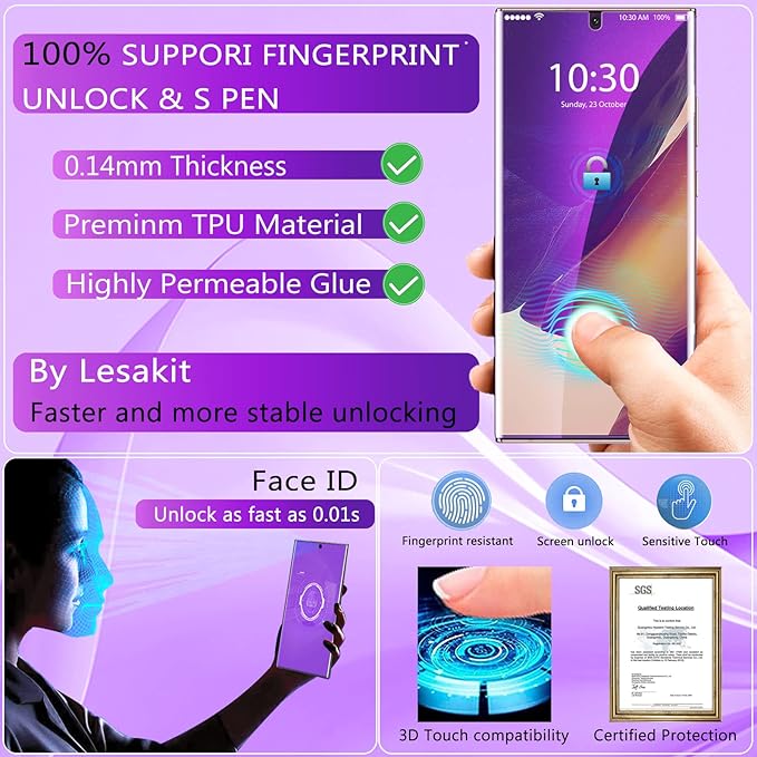 [2+2 Pack] Lesakit Anti-Blue Light Privacy Screen Protector for Samsung Galaxy Note 20 Ultra 6.9 inch with 2 Pack Camera Lens Protector, [Support Fingerprint ID] Anti Spy TPU Flexible Screen Protector- Purple