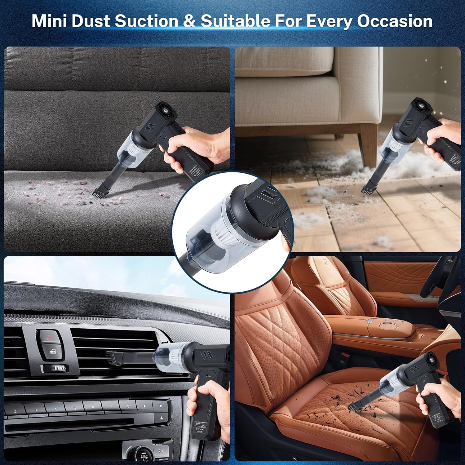 2-in-1 Electric Compressed Air Duster & Car Vacuum Cleaner - 130000RPM High Power Air Blower with LED Light 100-Gear Rechargeable Strong Keyboard Cleaner for PC, Laptop, Home, Car - Black