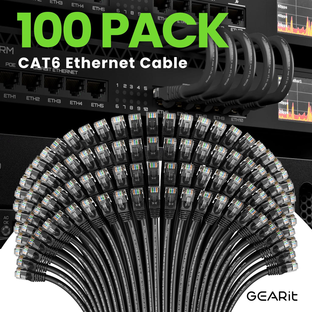 GEARit Cat 6 Ethernet Cable Pack - 100-Pack 3 ft Cat6 Ethernet Patch Cables | RJ45 Network Patch Cable, 10 Gbps Snagless Gold-Plated Connectors - Ethernet Cable Cat 6 for PC, TV, Router - Black