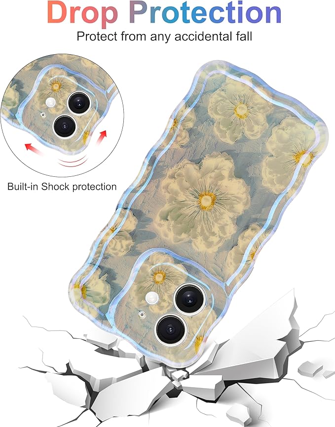 Jusy Compatible with iPhone 12, Colorful Retro Oil Painting Printed Flower Laser Glossy Pattern Cute Curly Wave Phone Case Soft TPU Cover for Girly Women - Light Blue