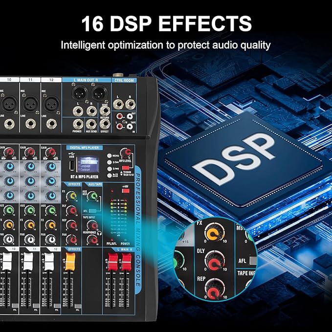 12 Channel Audio Interfacer Sound Board Mixer DJ Mixer 16-Bit DSP Effect USB Audio Mixer +48V Phantom Power Bluetooth Mixer for Karaoke Studio Streaming Recording,Live Streaming