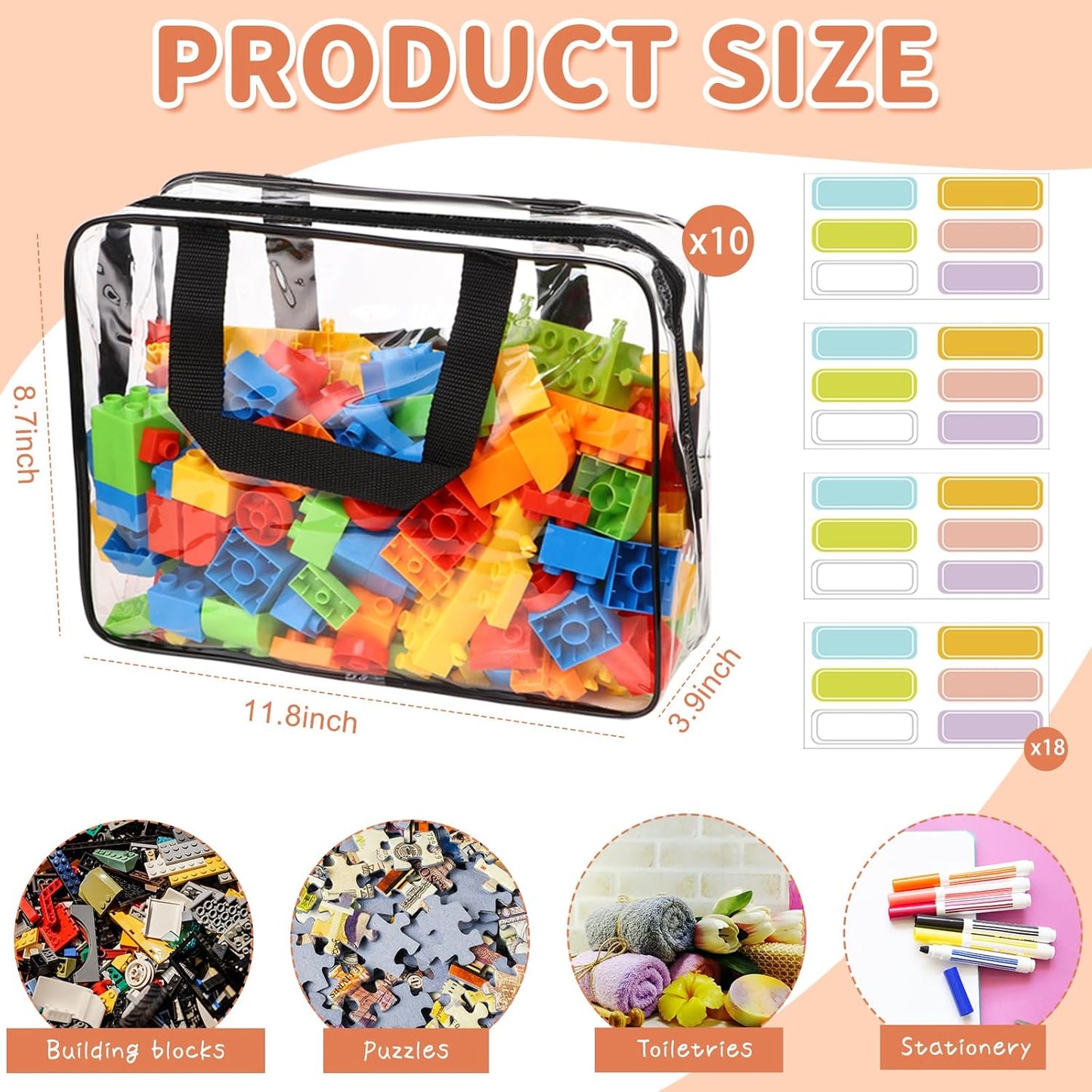 10 Packs Large Toy Storage Bags with Labels, Waterproof Clear PVC Storage Bags for Toys, Travel Organizer Bags with Zipper Closure for Puzzles, Building Blocks, Kids' Books