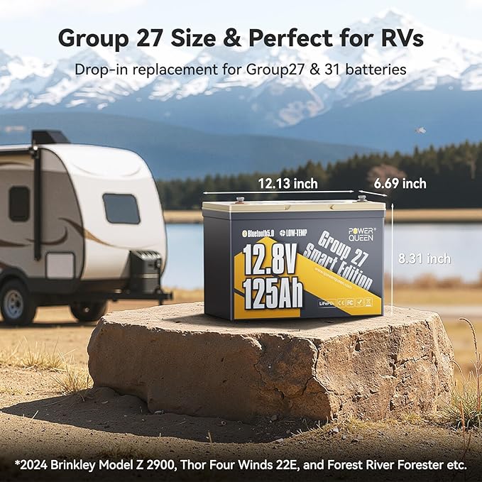 Power Queen 12V 125Ah Group 27 Bluetooth LiFePO4 Battery,1600Wh Energy Lithium Battery with Low-Temp Protection Max. 15000 Cycles for RV, Solar System, Trolling Motor