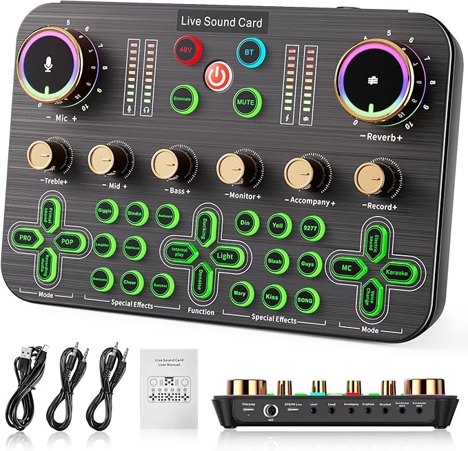 Facmogu K600 Gaming Audio Mixer, Streaming Audio Mixer with XLR Microphone Support, DJ Mixer Built-in 48V Phantom Power, Live Sound Card for PC Phone Live Streaming Podcasting Karaoke Tiktok YouTube