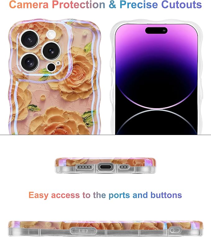 Jusy Compatible with iPhone 13 Pro Max, Colorful Retro Oil Painting Printed Flower Laser Glossy Pattern Cute Curly Wave Phone Case Soft TPU Cover for Girly Women - Pink Rose