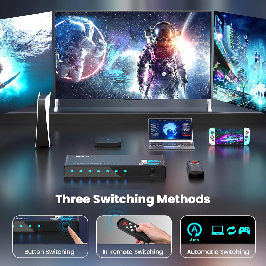HDMI 2.1 Switch 4 in 1 Out 8K@60Hz 4K@120Hz, 4 Ports HDMI Switcher Selector with Remote, Support HDCP 2.3 HD R 10+ Dolby Vision/Atmos 48Gbps CEC for Apple TV Game PC PS Pro Xbox Roku