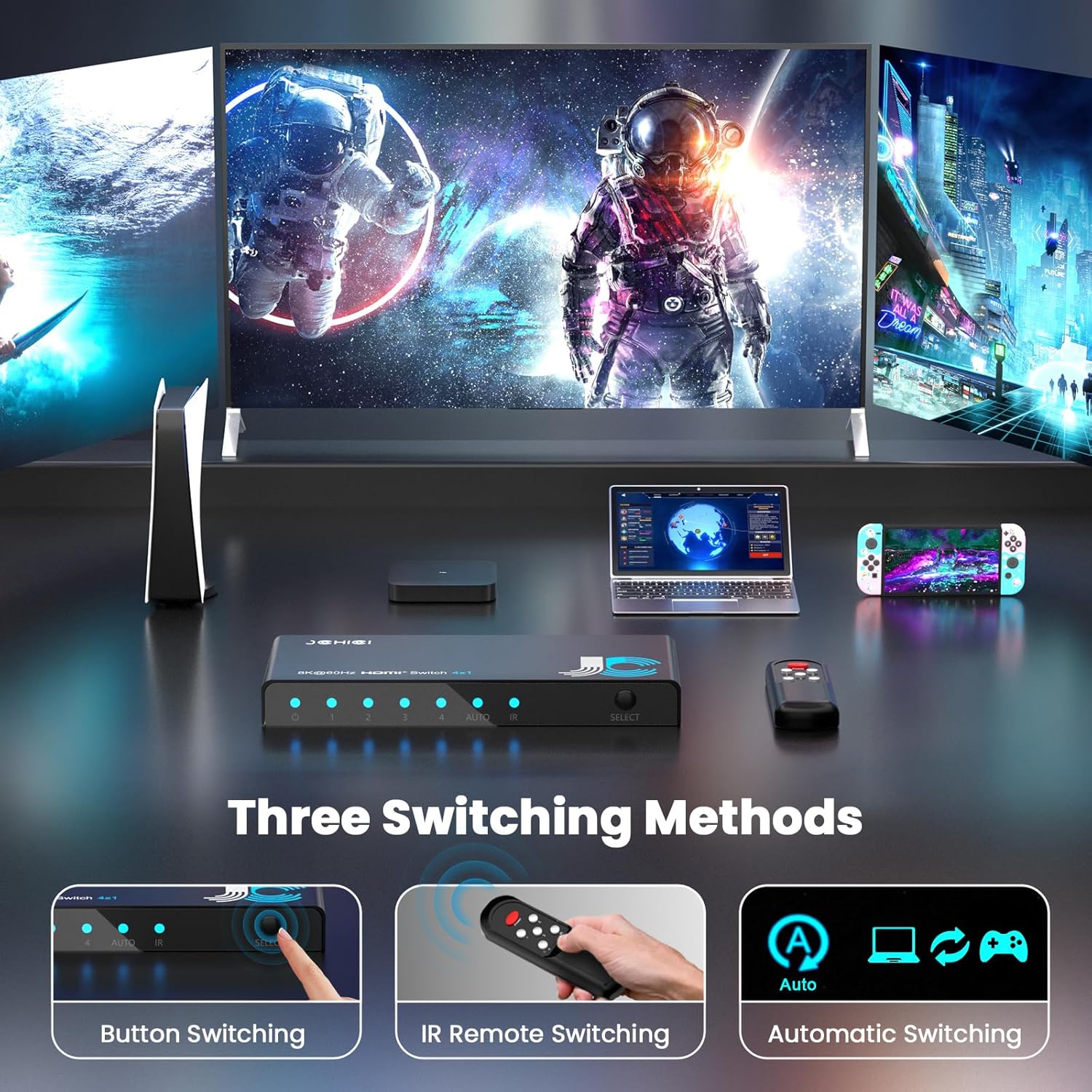 HDMI 2.1 Switch 4 in 1 Out 8K@60Hz 4K@120Hz, 4 Ports HDMI Switcher Selector with Remote, Support HDCP 2.3 HD R 10+ Dolby Vision/Atmos 48Gbps CEC for Apple TV Game PC PS Pro Xbox Roku