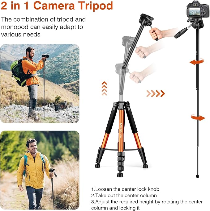 Tripod for Camera, 72" Tall Camera Tripod & Monopod with Remote, Professional Heavy Duty Compact Camera Stand for Phone, DSLR, Spotting Scope, Telescope, Binocular