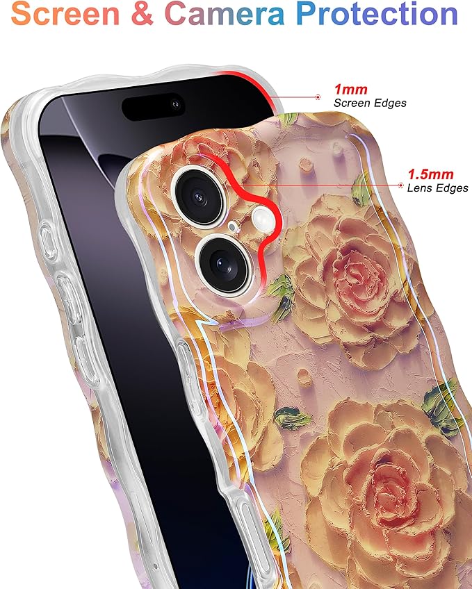 Jusy Compatible with iPhone 16 Plus, Colorful Retro Oil Painting Printed Flower Laser Glossy Pattern Cute Curly Wave Phone Case Soft TPU Cover for Girly Women - Pink Rose