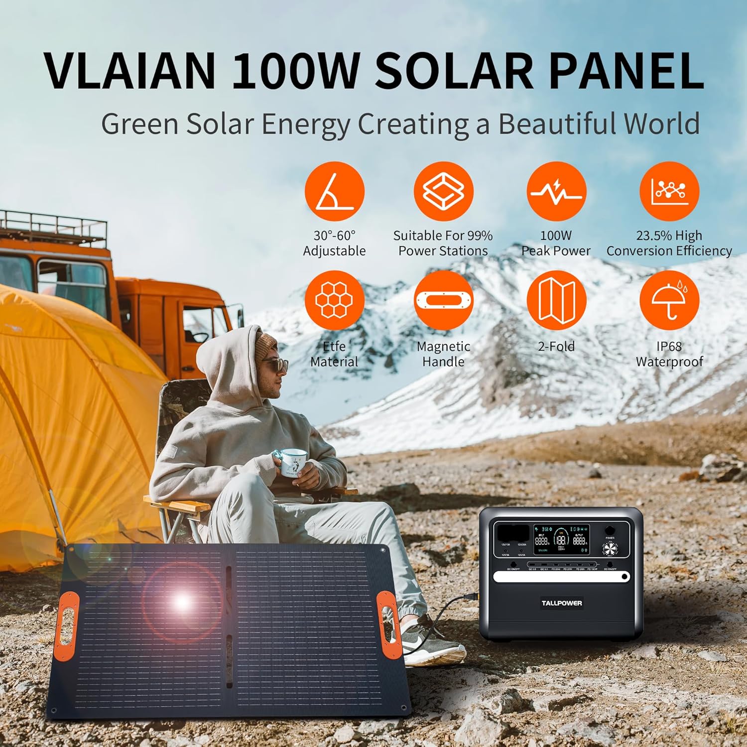 100W Portable Solar Panel for Power Station Generator,100 Watt Foldable Solar Panel Charger with MC4 Output,3-in-1 DC Connector,23.5% High Efficiency for Outdoor Camping RV Travel(100W)